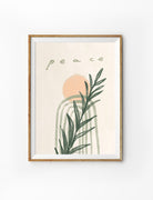 Minimalist Christian poster featuring the word “Peace” with abstract arches, a soft peach sun, and green botanical leaves