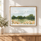 Peace of God Christian poster by Made Seen displayed in a light wood frame above a wooden console.