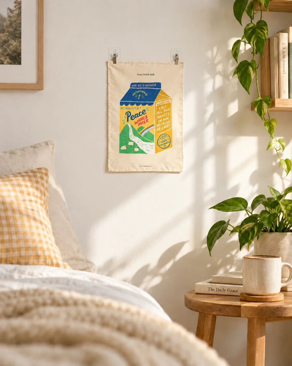 Small Peace Whole Milk wall tapestry in a bright homely reading nook