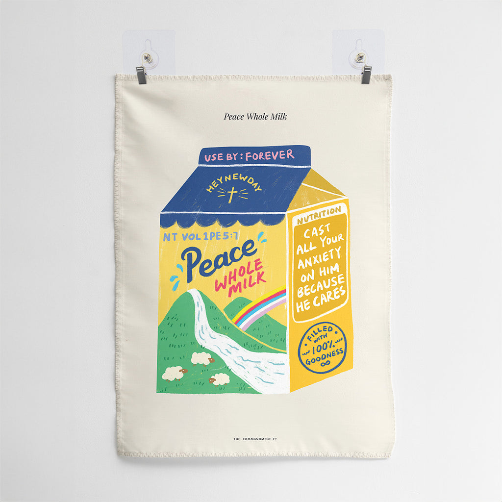 Creative wall tapestry design featuring a milk carton labeled 'Peace Whole Milk' with 1 Peter 5:7: 'Cast all your anxiety on Him because He cares,' offering encouragement and faith-filled inspiration.