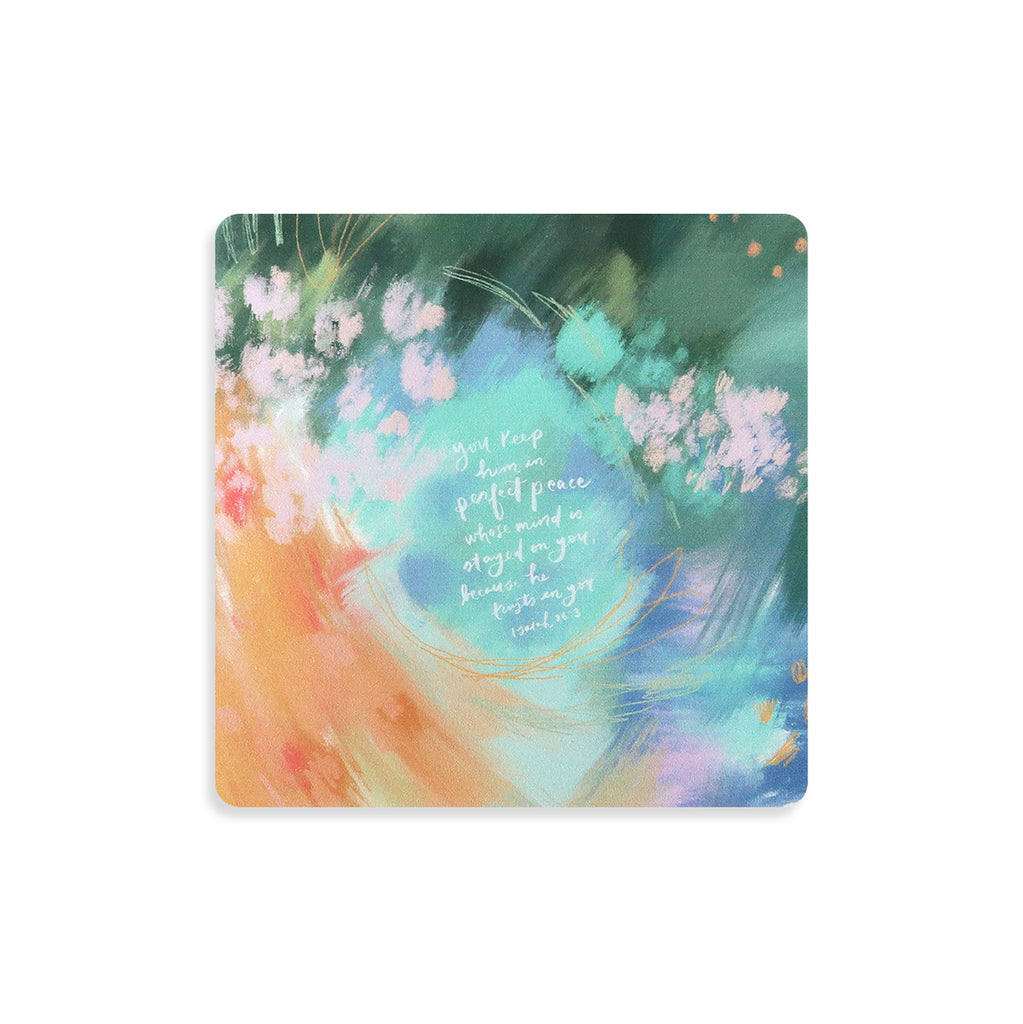 Faith-inspired coaster featuring a pastel abstract art design with the scripture 'You keep him in perfect peace' from Isaiah 26:3