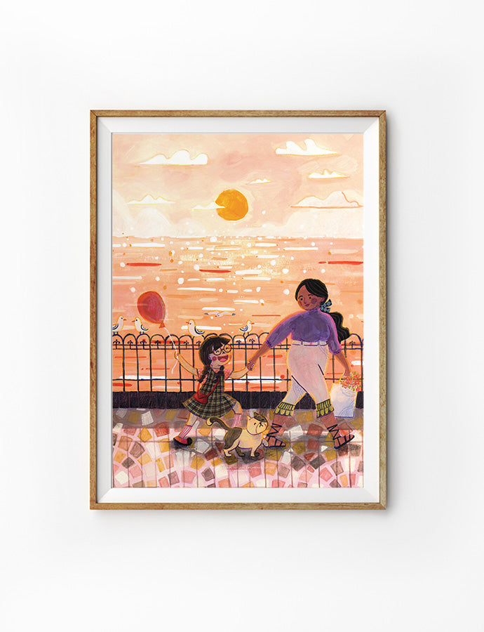 A heartwarming illustration of a mother and child holding hands during a serene sunset by the sea, accompanied by balloons and a playful dog, symbolizing love and blessings. Available at a Christian Gifts Shop in Singapore.