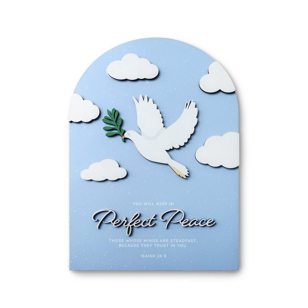 3D wooden Christian poster featuring a white dove with an olive branch, surrounded by clouds, and the phrase 'Perfect Peace' with the Bible verse Isaiah 26:3.