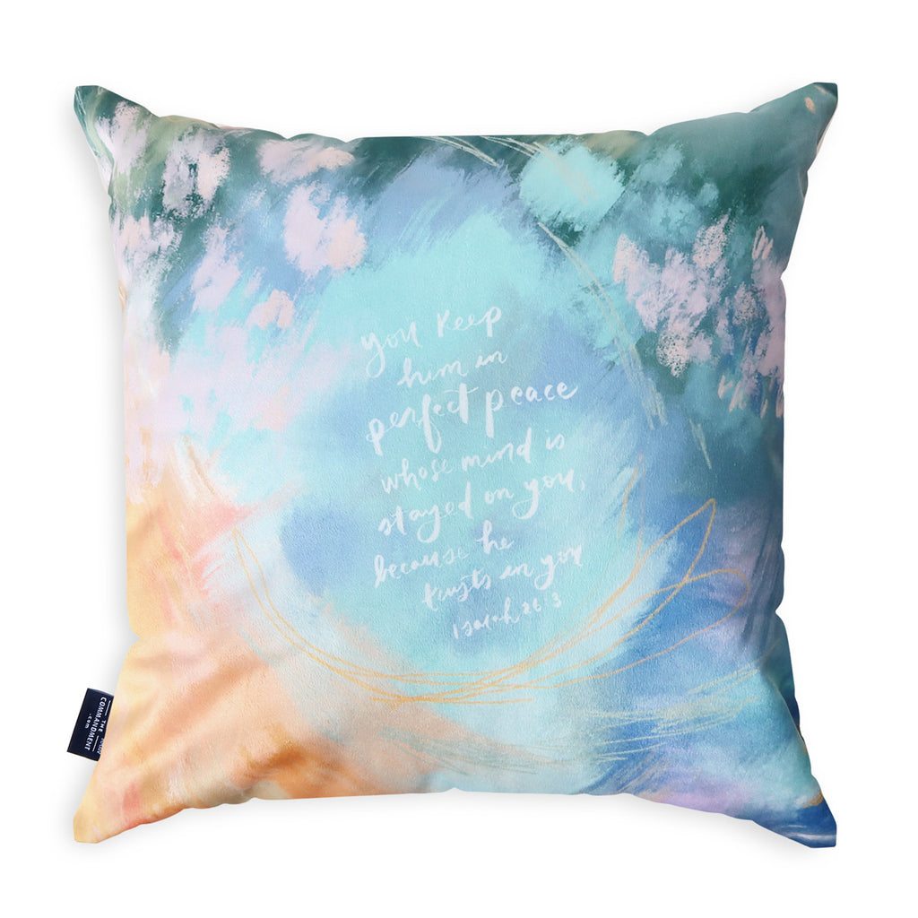 Decorative throw pillow featuring the Bible verse Isaiah 26:3, 'You keep him in perfect peace,' with a serene pastel design, perfect for Christian faith-based home decor.