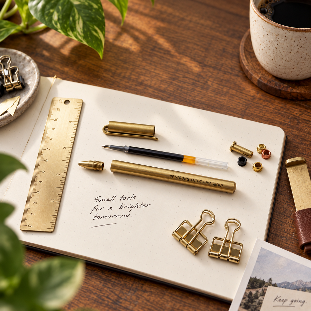 Personalised brass rollerball pen with stationery on a warm wooden desk