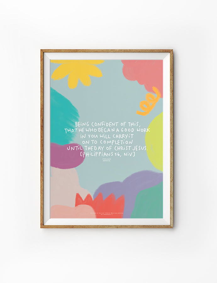 Colourful Christian poster featuring Philippians 1:6 about God carrying His good work to completion