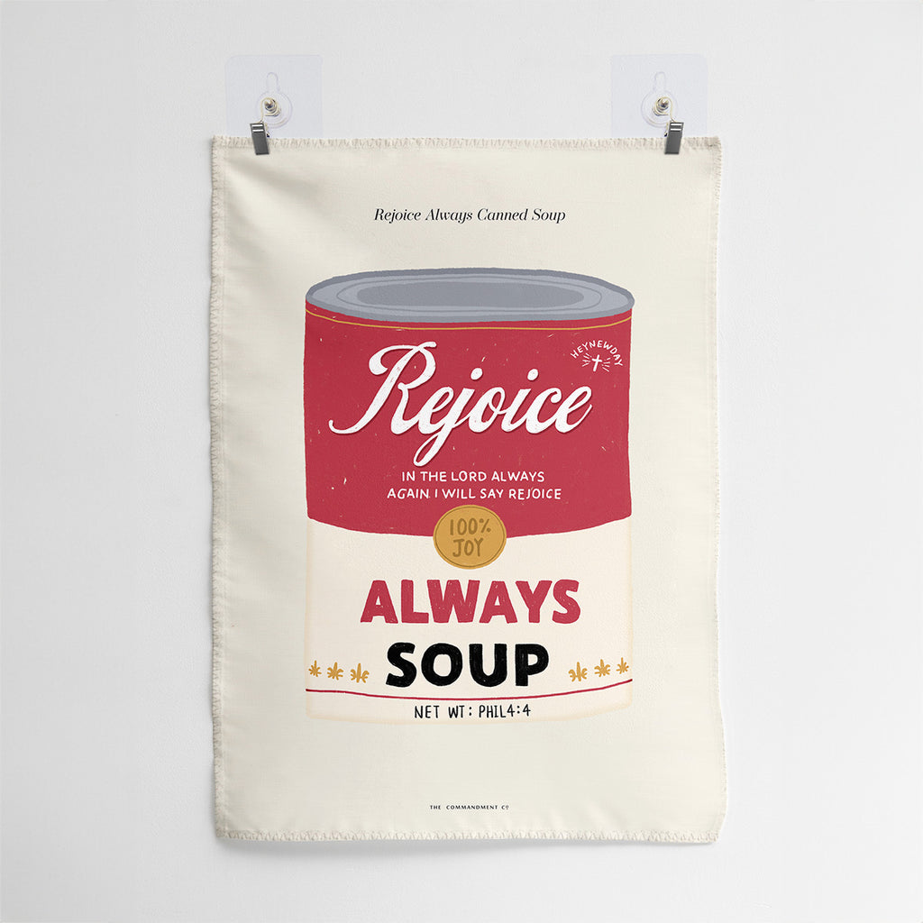 Wall tapestry featuring a canned soup design labeled 'Rejoice Always' with Philippians 4:4, offering an inspirational Christian message for home decor.