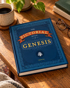 Pictorial Book of Genesis hardcover on wooden coffee table