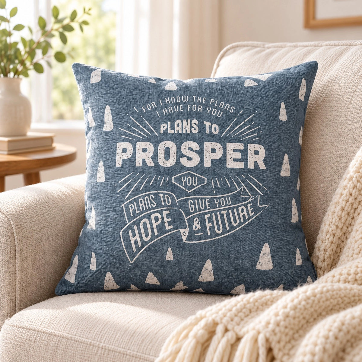 Plans to Prosper You Jeremiah 29:11 blue Christian cushion cover styled on a cream sofa in a sunlit living room.