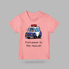 Pink Policeman to the Rescue kids T-shirt featuring a playful police car illustration