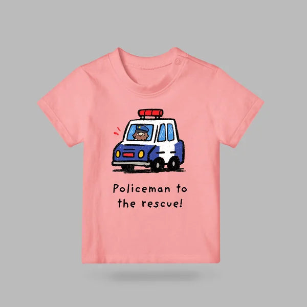 Pink Policeman to the Rescue kids T-shirt featuring a playful police car illustration