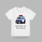 White Policeman to the Rescue kids T-shirt with illustrated police car design