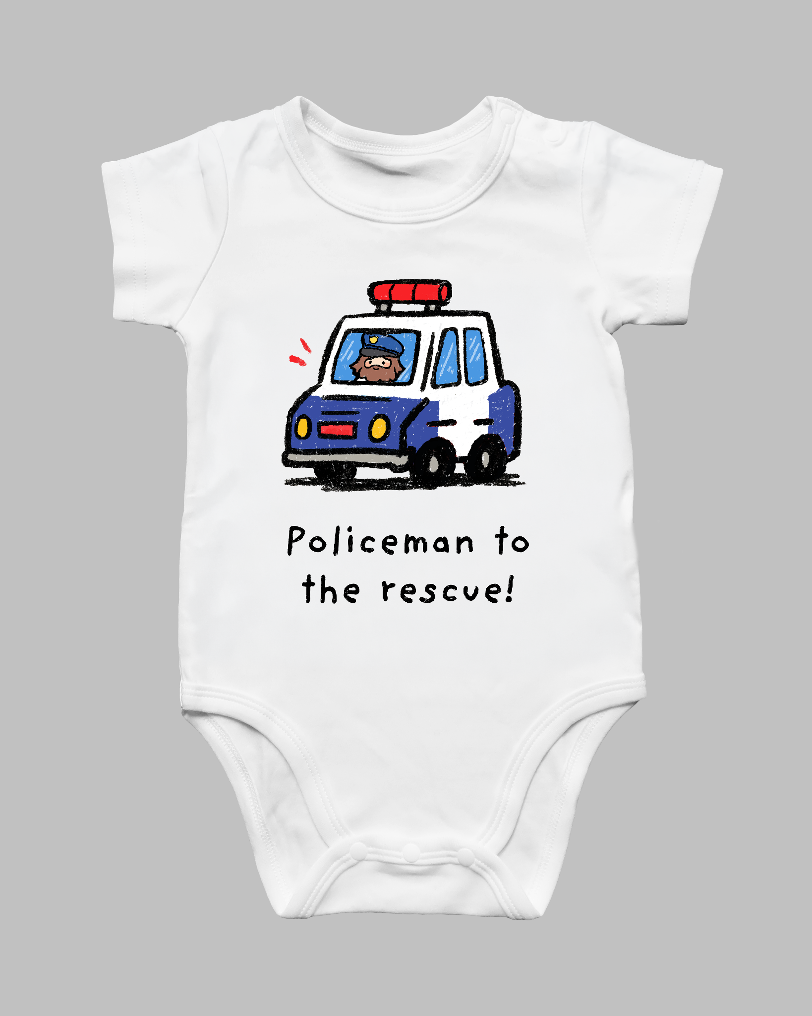 White Policemen to the Rescue Christian baby romper with Jesus driving an illustrated police car