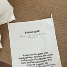 Praise God Christian wall tapestry featuring Psalm 100:4-5 on cotton linen fabric