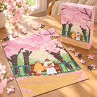 Melody of Spring Christian jigsaw puzzle with Jesus and a child under cherry blossoms on a wooden table.