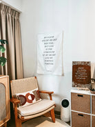  Project J wall tapestry with Psalm 73:26 scripture hanging in a cozy reading nook, creating an uplifting and faith-inspired space for simple happiness and reflection.