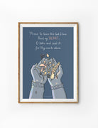 Christian hymn poster featuring “Prone to leave the God I love, here’s my heart” with illustrated hands and gathered flowers