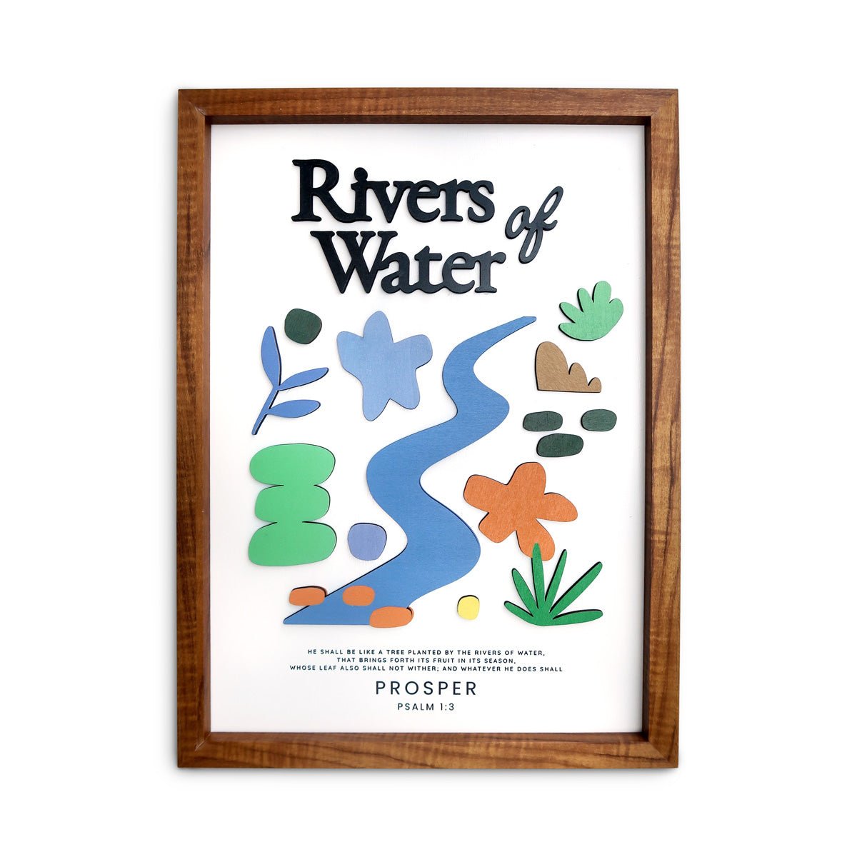A wooden-framed wall art featuring the verse "Rivers of Water" from Psalm 1:3, adorned with colorful abstract shapes and a river design, symbolizing faith and prosperity, perfect for Christian home decor.