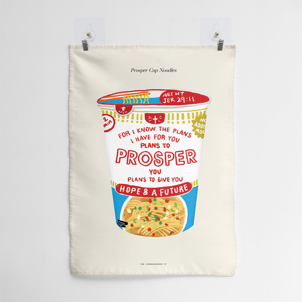 Wall tapestry featuring a creative cup noodle design labeled 'For I know the plans I have for you, plans to prosper you, plans to give you hope and a future,' inspired by Jeremiah 29:11, combining a playful concept with meaningful scripture.