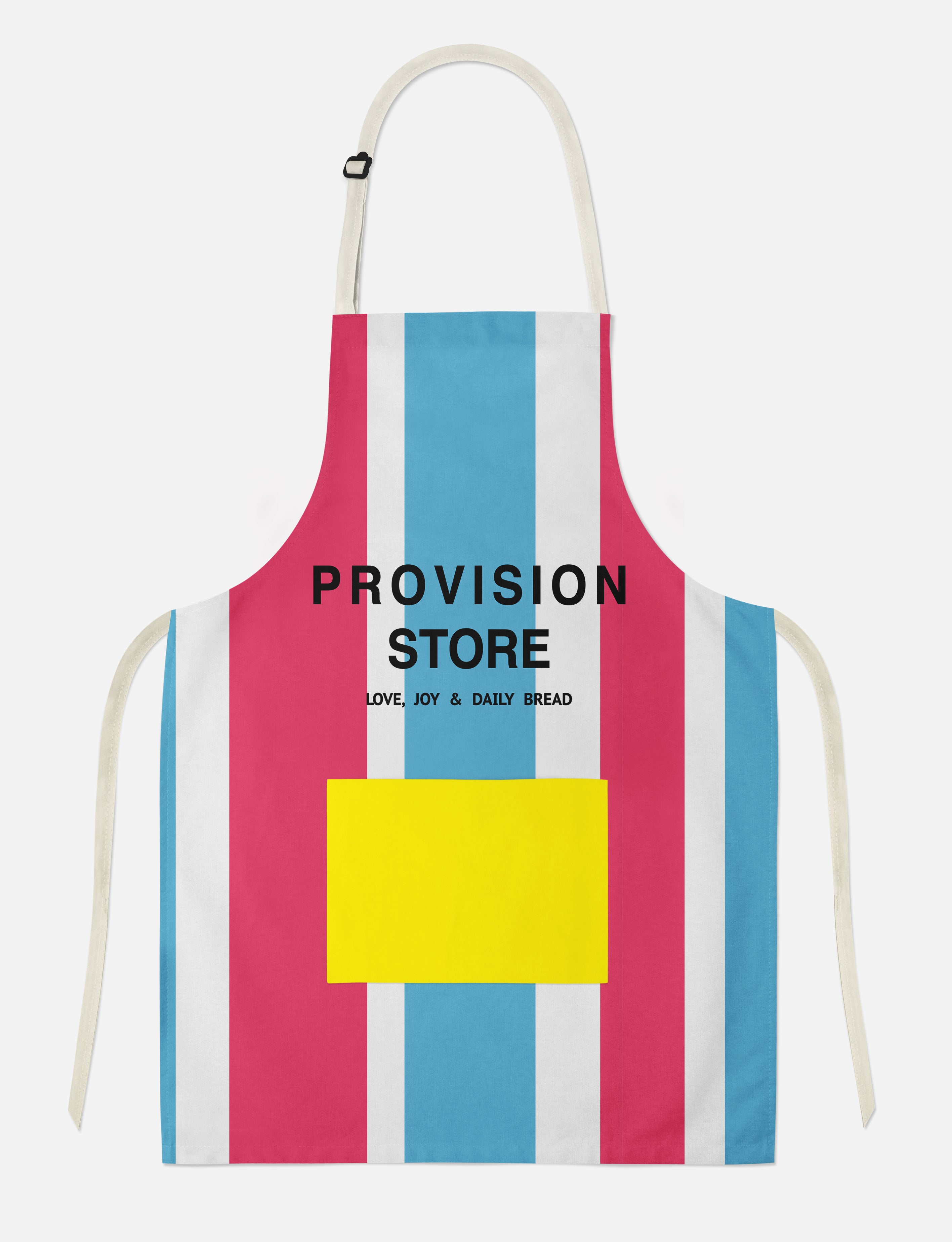  Colorful "Provision Store" apron with red, blue, and white stripes and a bright yellow pocket, featuring the uplifting message "Love, Joy & Daily Bread," inspired by simple happiness and daily provision.
