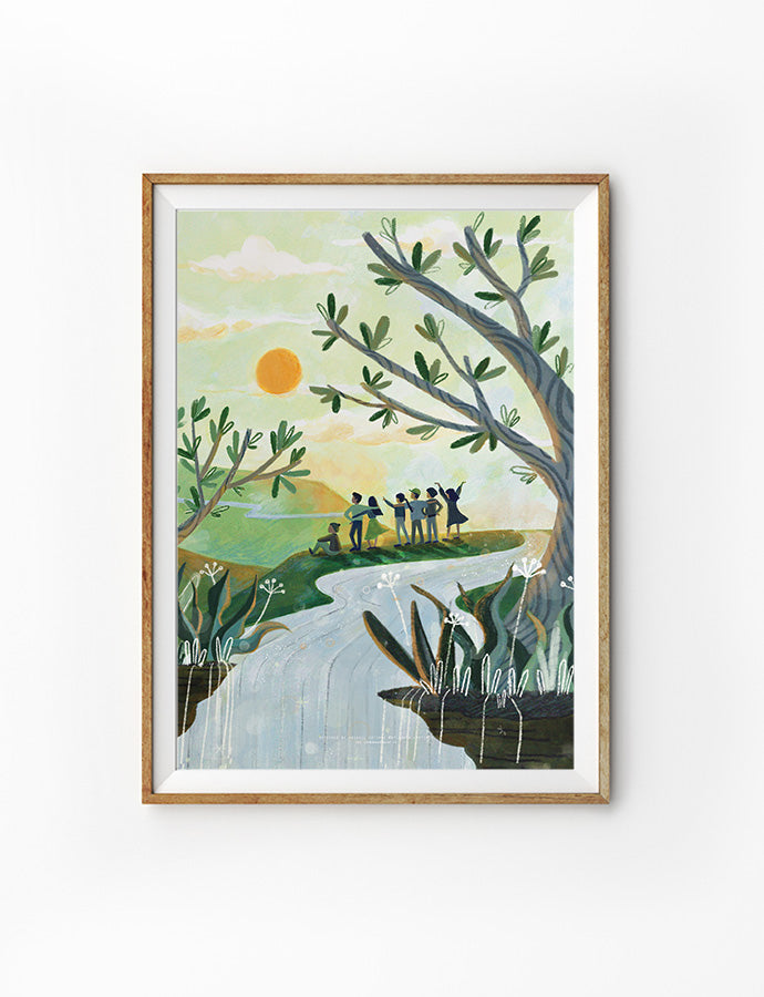 A peaceful landscape painting of a group of people rejoicing by a riverbank under a sunny sky, surrounded by trees and nature's beauty. A delightful wall art option from a Christian Gifts Shop in Singapore