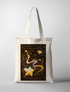 Christian tote bag with Psalm 139:12 “To you the night shines as bright as day,” glowing stars and colorful celestial swirl illustration on dark background.