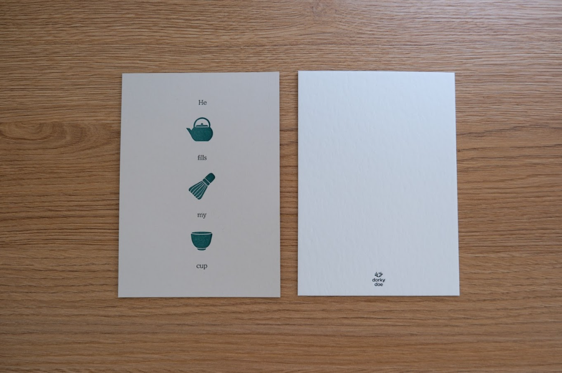 Faith-based greeting card inspired by Psalm 23:5, featuring the phrase “He fills my cup” with minimalist illustrations by Dorky Doe.
