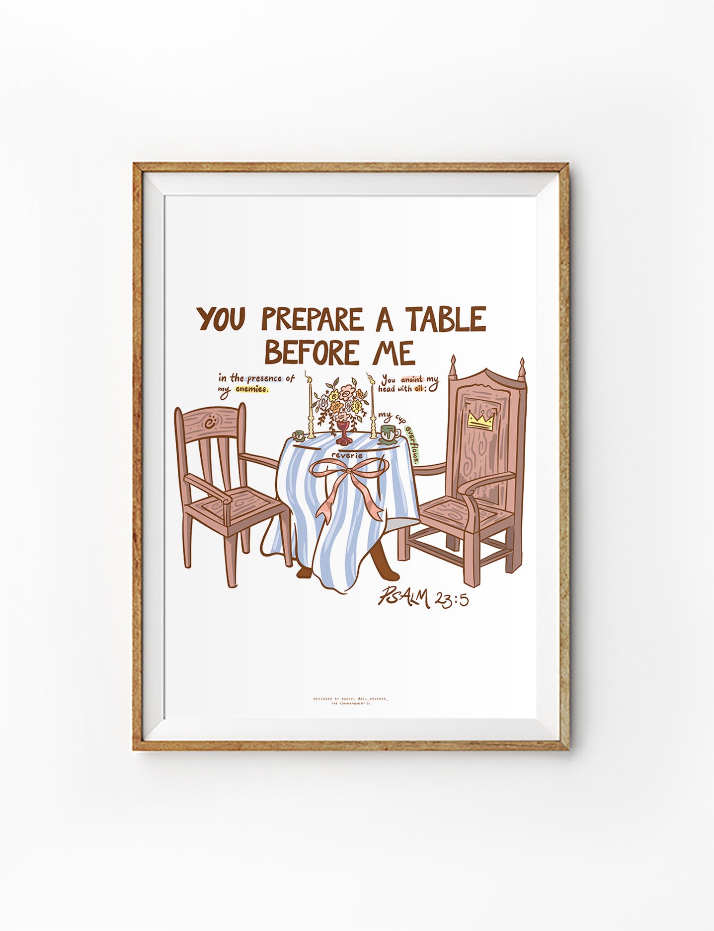Christian poster with illustration of a prepared table, chairs and crown featuring the verse “You prepare a table before me” from Psalm 23:5 in a warm minimal style