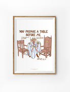 Christian poster with illustration of a prepared table, chairs and crown featuring the verse “You prepare a table before me” from Psalm 23:5 in a warm minimal style