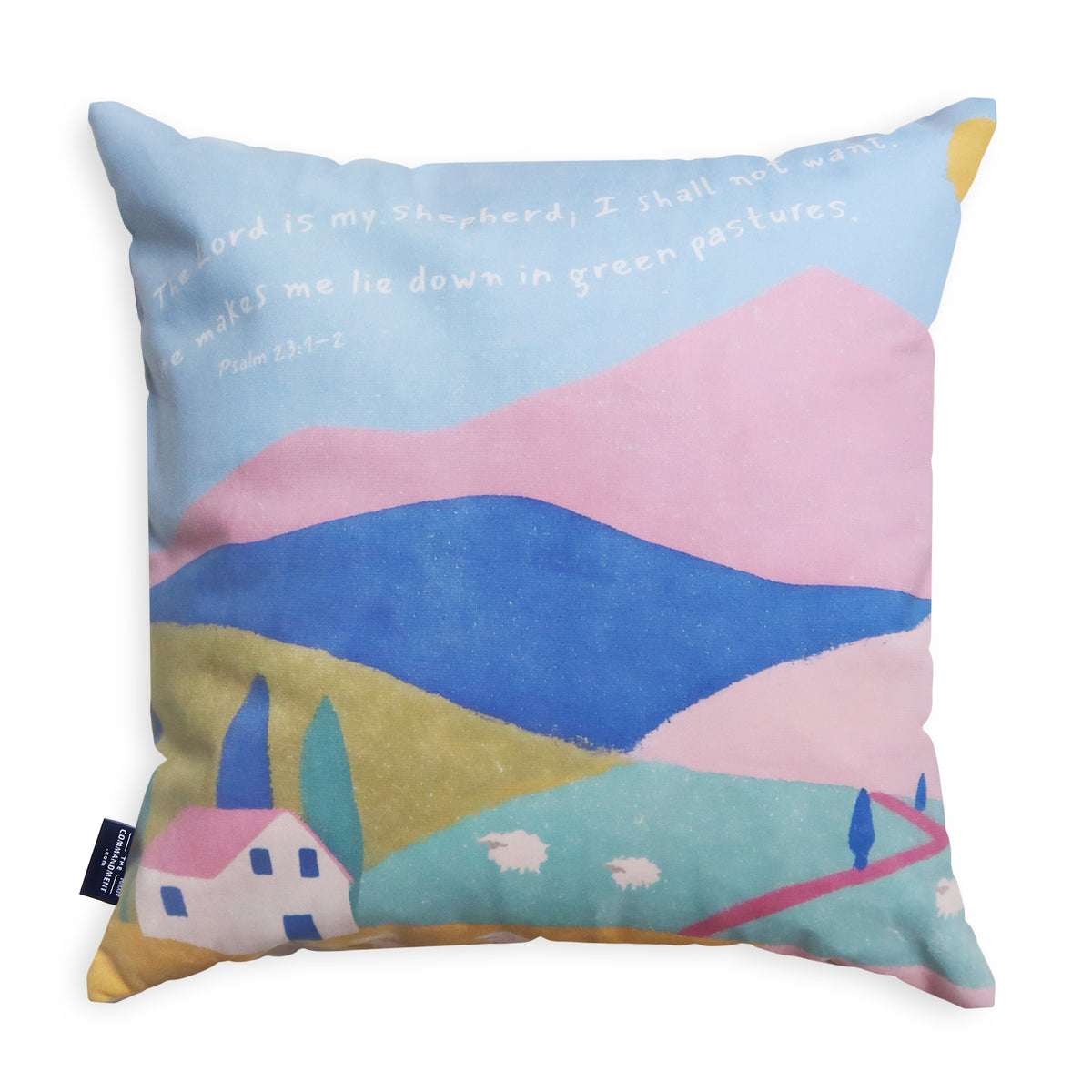 Psalm 23 Green Pastures Christian cushion cover design view in soft velvet.