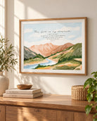 Psalm 23 watercolour landscape poster framed on a warm neutral wall