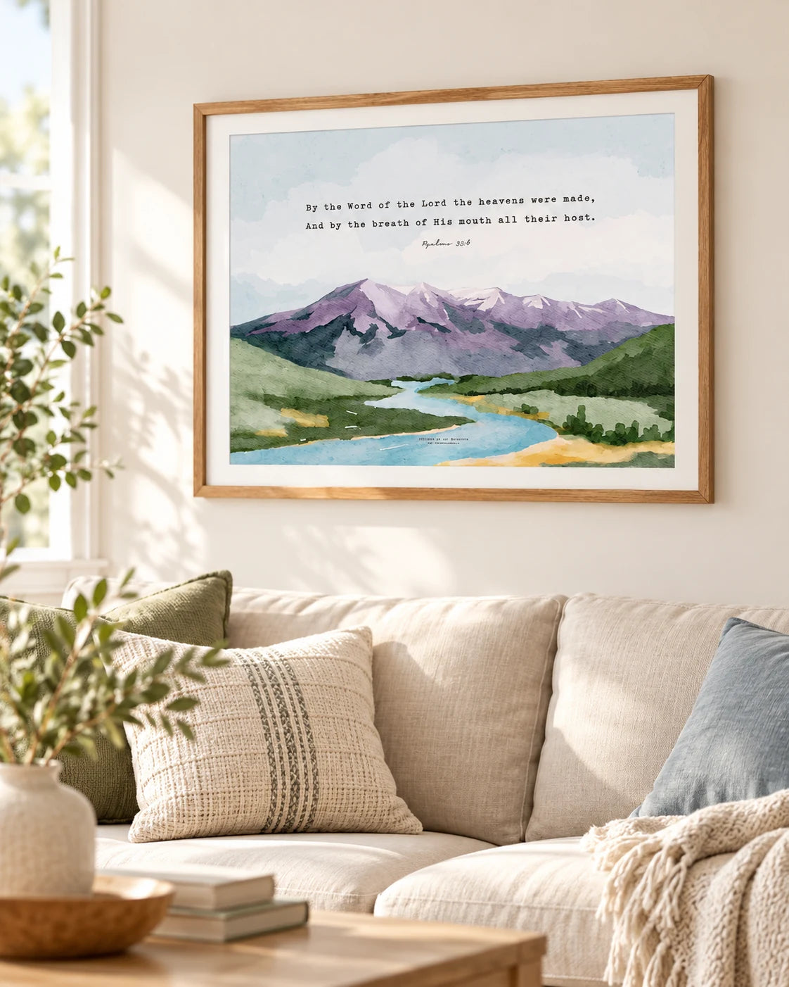 Psalm 33:6 Christian landscape poster framed above a sofa