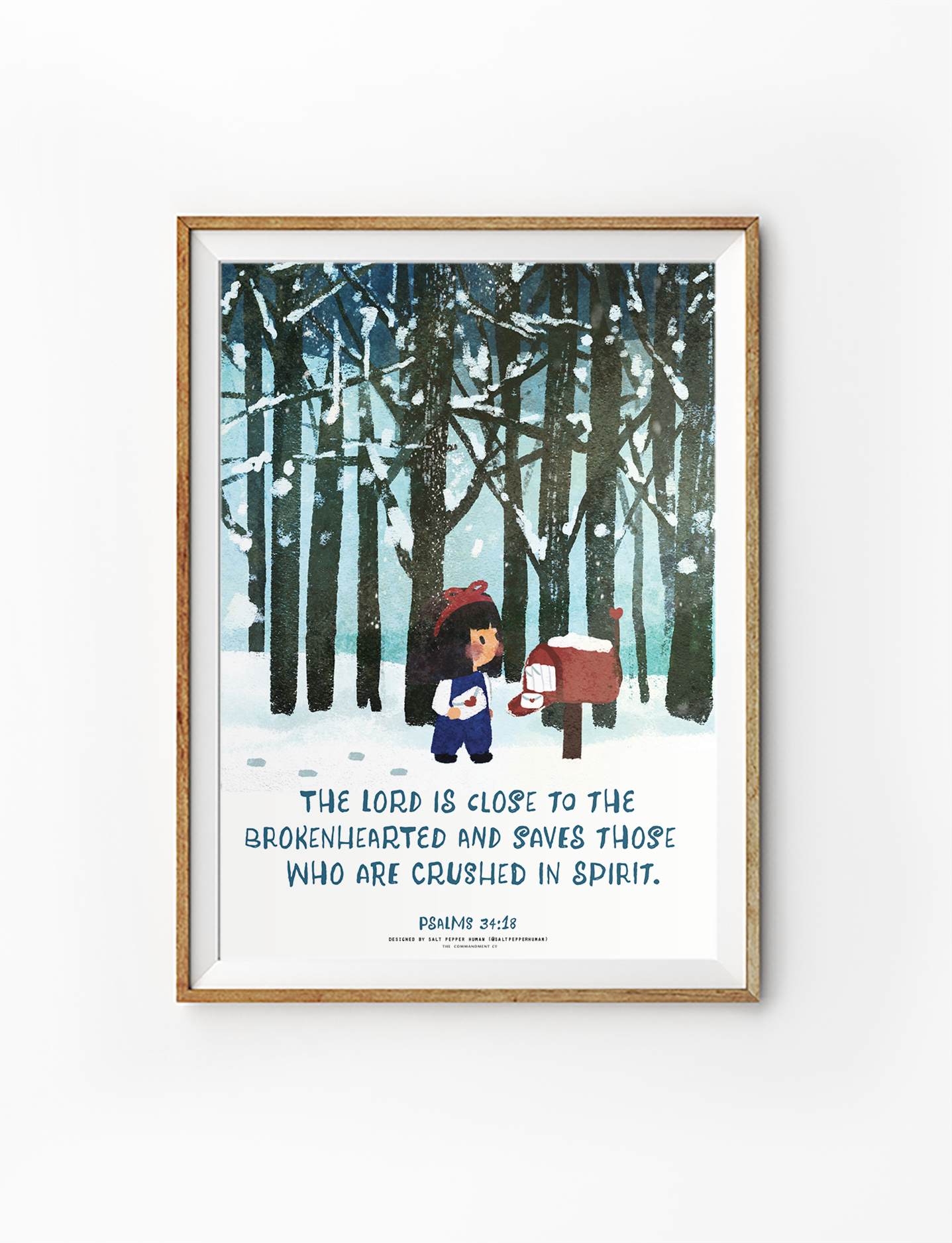 Christian poster with Psalm 34:18 “The Lord is close to the brokenhearted,” showing girl posting a letter in snowy forest scene.