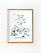 Christian poster featuring Psalm 37:23, “My steps are ordered by the Lord,” with an illustrated character walking on lily pads