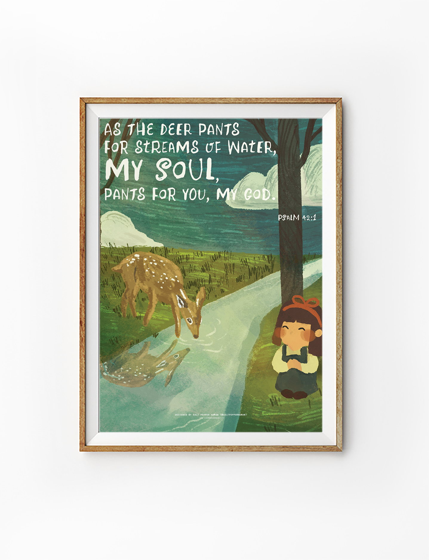 Christian art print with Psalm 42:1 “As the deer pants for streams of water,” showing a deer drinking by a river and girl praying.