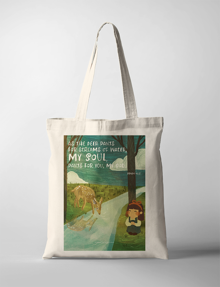 Christian tote bag with Psalm 42:1 “As the deer longs for streams of water,” deer by river artwork, inspirational Bible verse canvas bag.