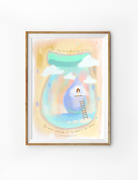 Christian poster featuring Psalm 56:8 “You have collected all my tears in your bottle,” soft pastel illustration with clouds, ladder, and girl in a tear-shaped jar.