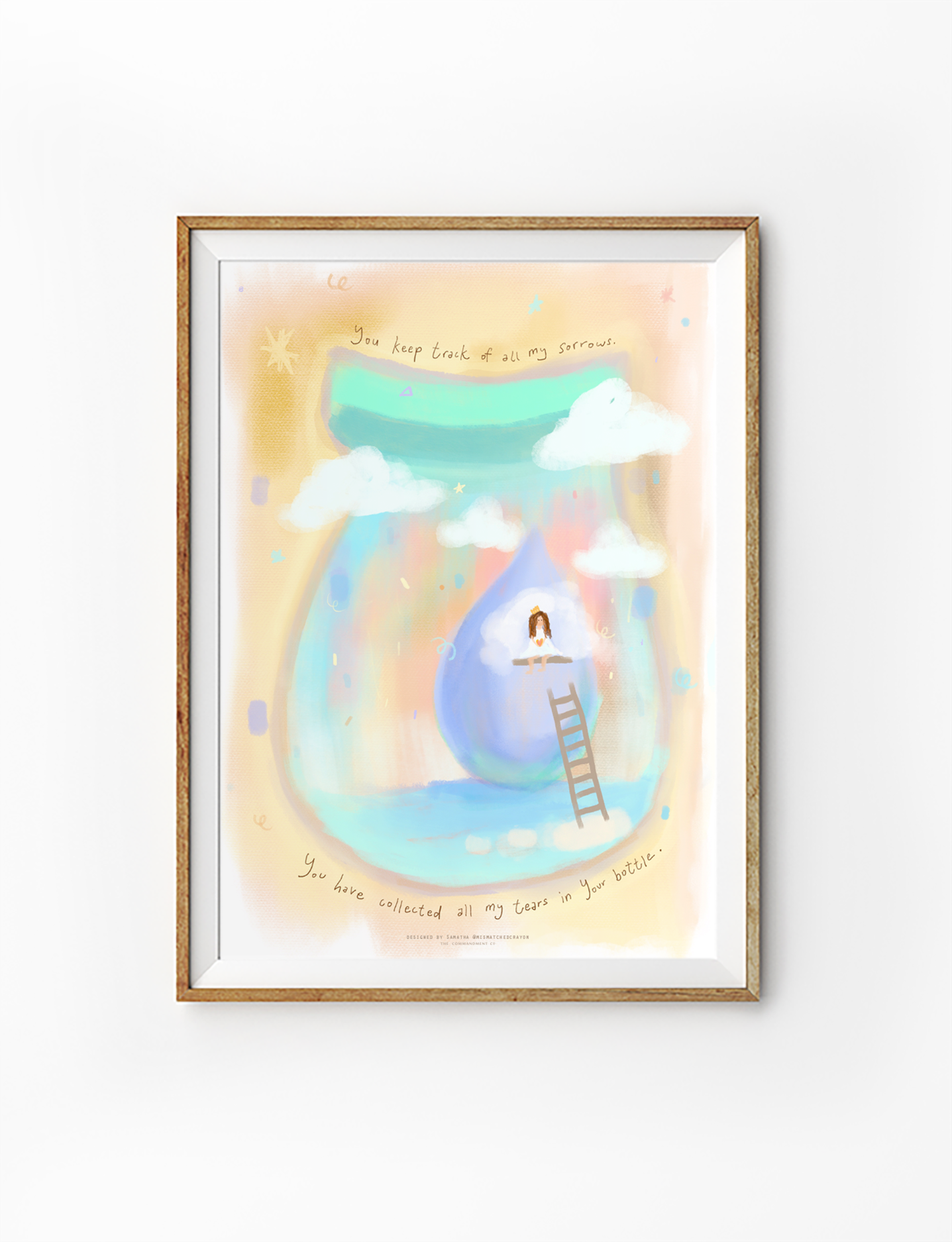 Christian poster featuring Psalm 56:8 “You have collected all my tears in your bottle,” soft pastel illustration with clouds, ladder, and girl in a tear-shaped jar.