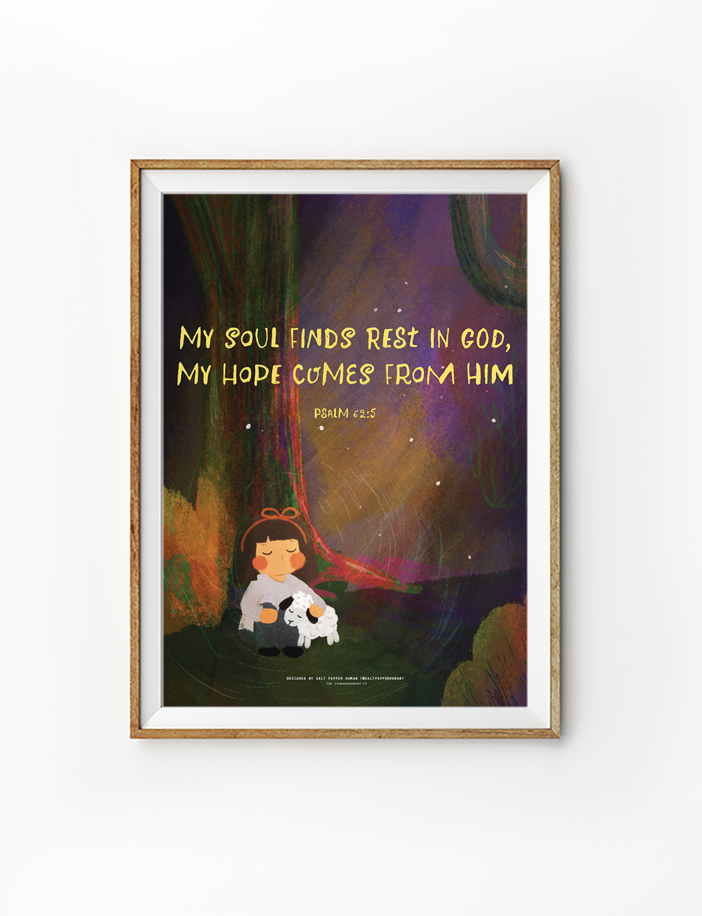 Christian wall art with Psalm 62:5 “My soul finds rest in God, my hope comes from Him,” featuring girl resting with lamb in forest.