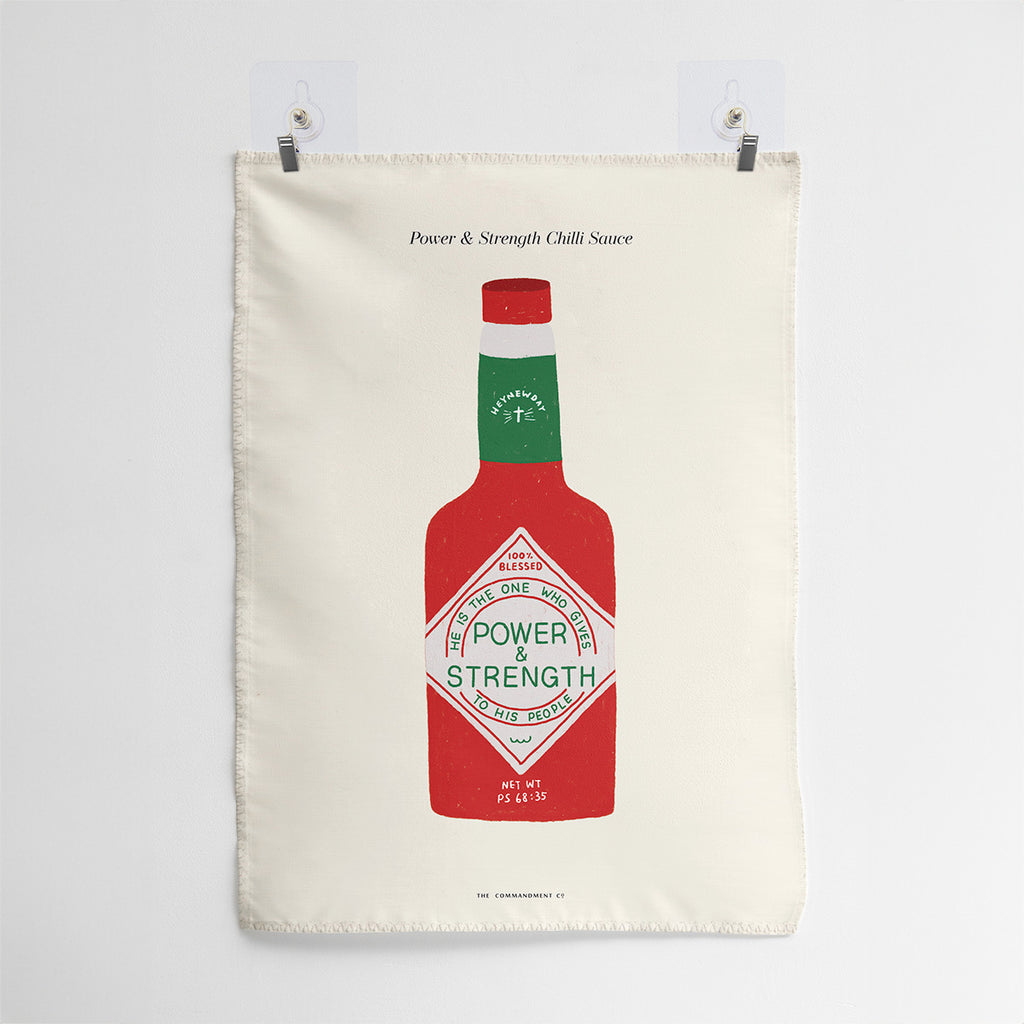 Wall tapestry featuring a chili sauce bottle design with 'Power & Strength' and Psalm 68:35, offering a bold Christian faith message for home decor.