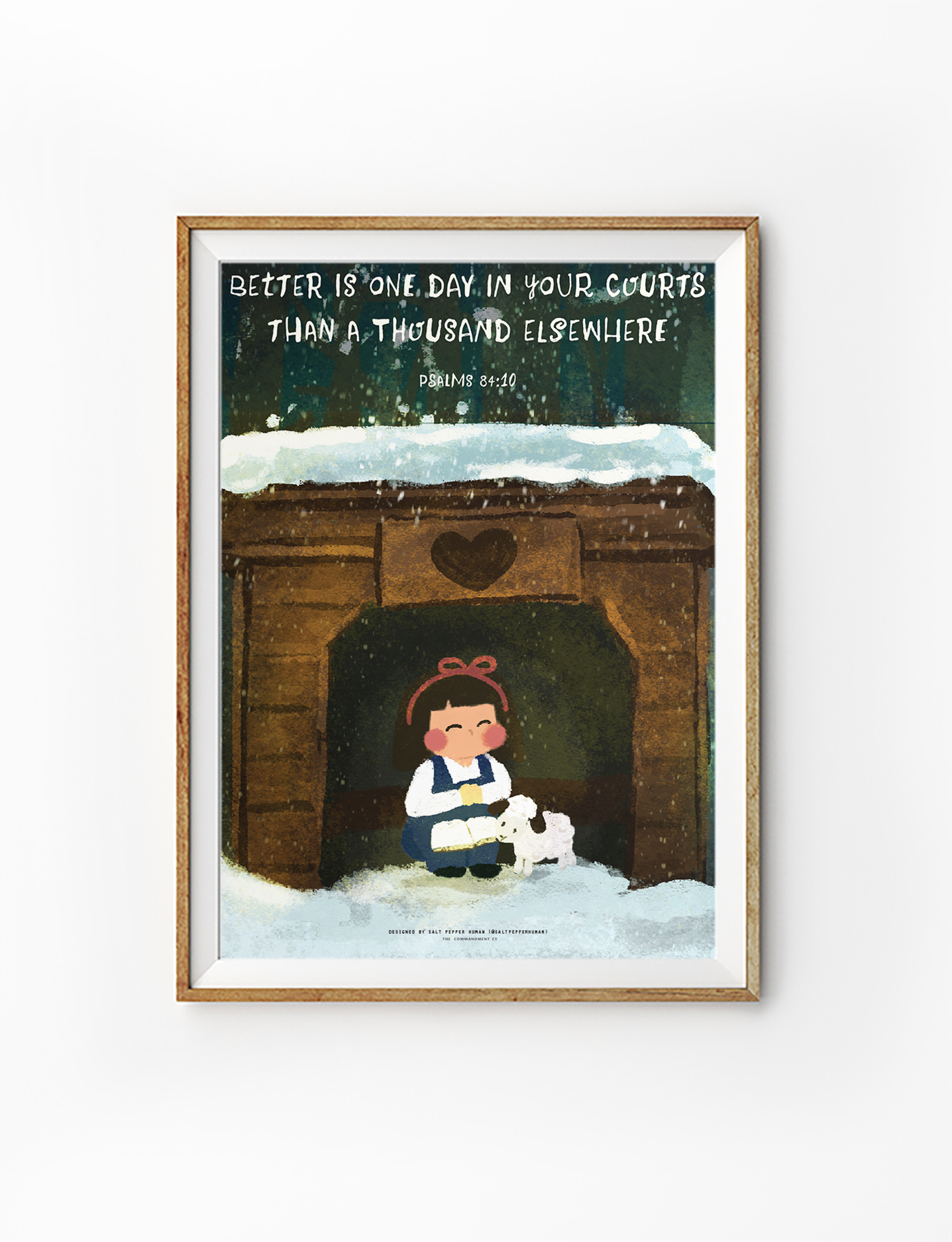 Christian poster featuring Psalm 84:10 “Better is one day in Your courts than a thousand elsewhere,” illustrated girl and lamb by wooden house.