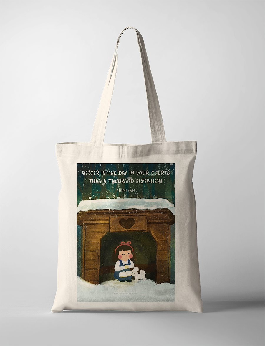 Christian tote bag featuring Psalm 84:10 “A single day in your courts is better than a thousand anywhere else,” illustrated girl with lamb design, faith-inspired canvas bag.