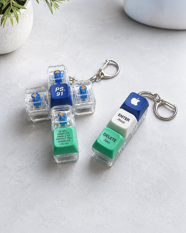 Psalm 91 and Enter Jesus Delete Sins light-up keycap keychains together
