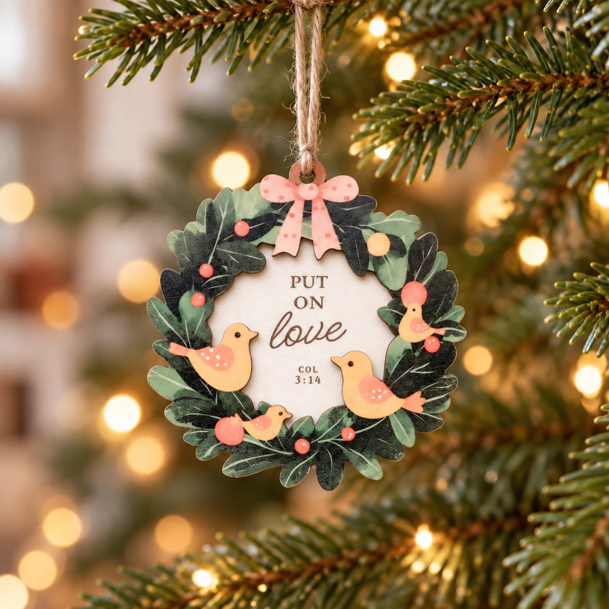 Put on Love Christian Christmas tree bauble hanging on a festive tree with warm lights