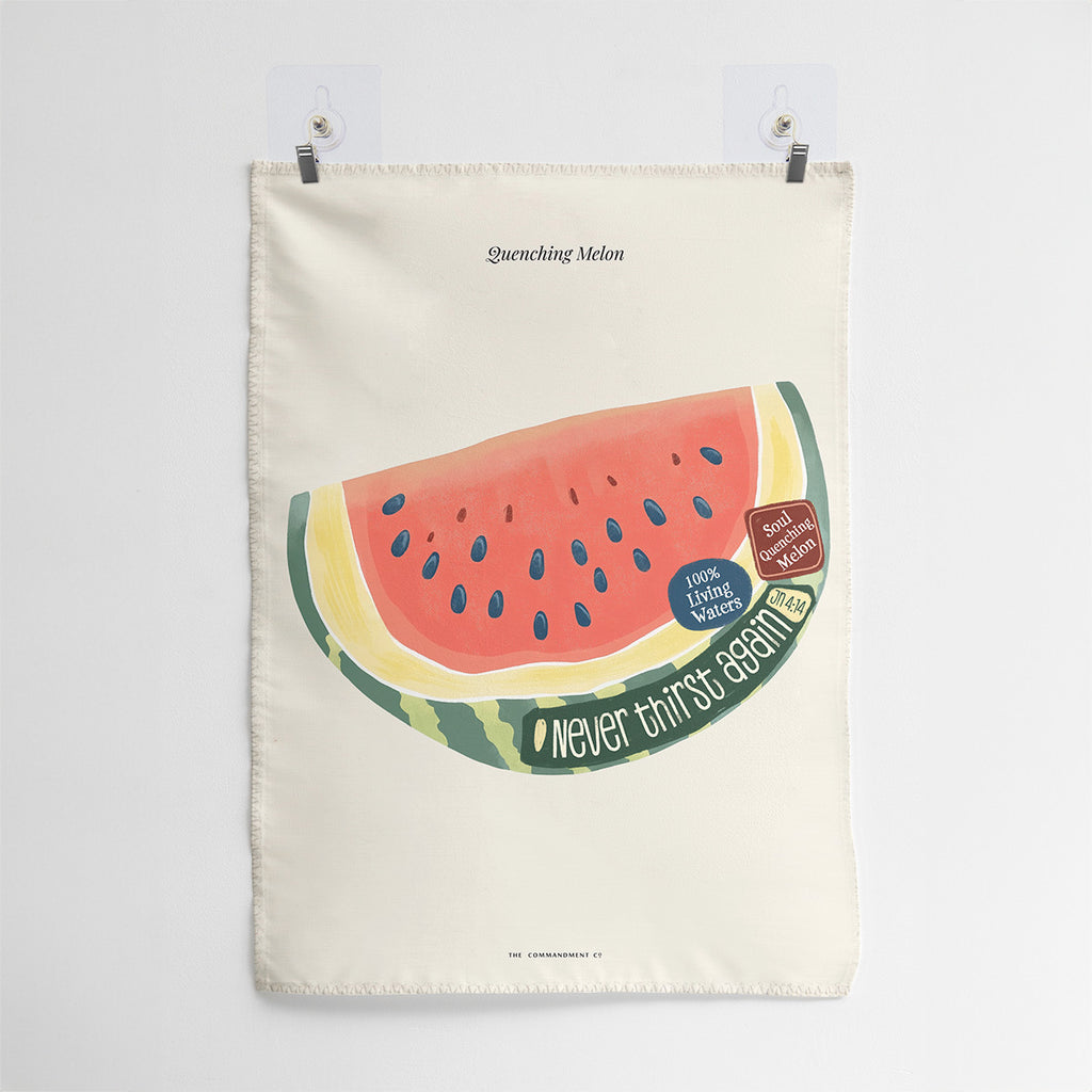 Wall tapestry featuring a slice of watermelon labeled 'Quenching Melon' with the phrase 'Never Thirst Again' and Bible verse John 4:14: 'Whoever drinks the water I give them will never thirst.'