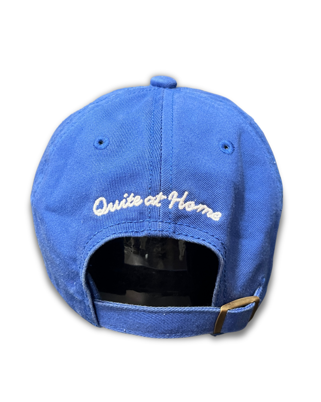 Back view of Designs & Wonders blue cap with Quite at Home embroidery and adjustable strap
