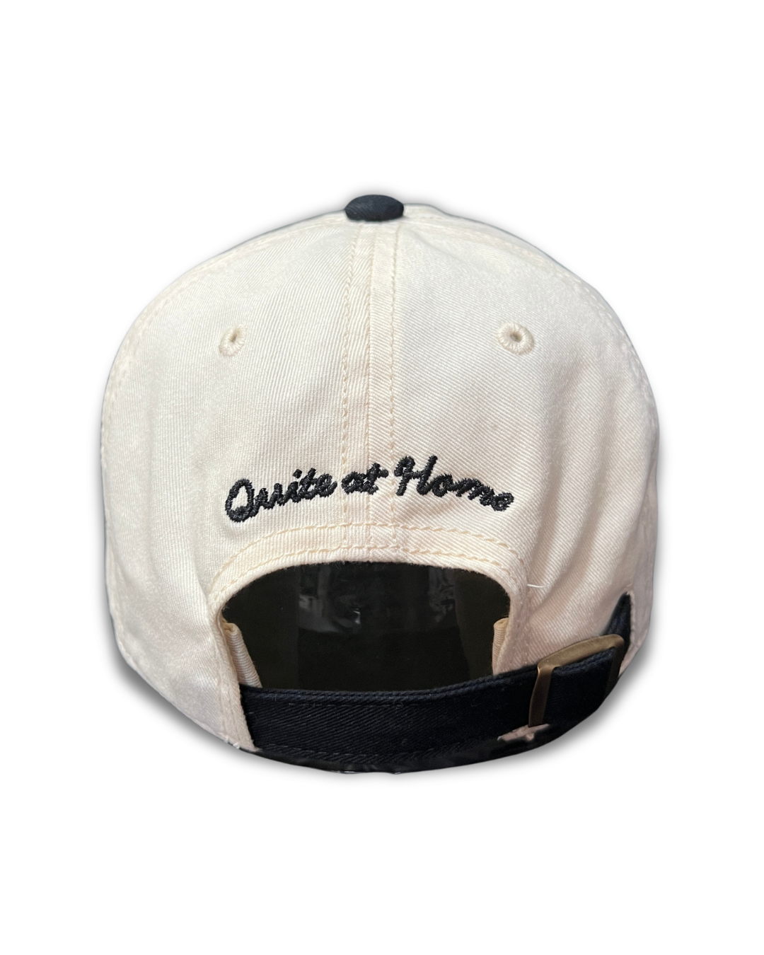 Back view of Love Unfairly cap with Quite at Home embroidery and adjustable strap