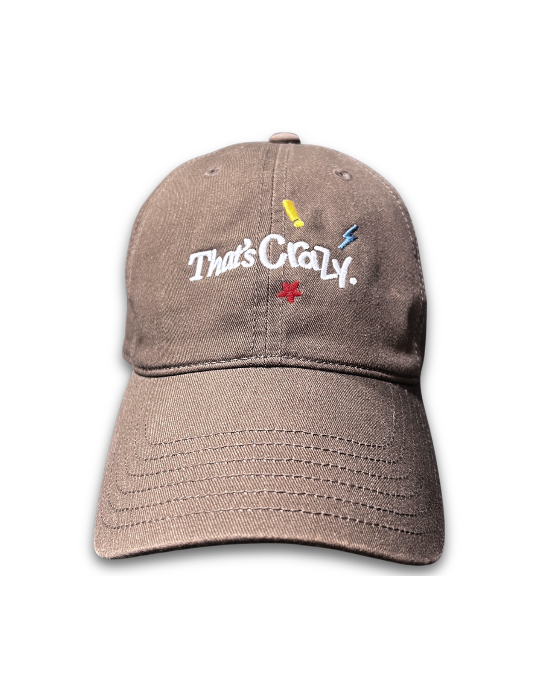 That's Crazy embroidered brown cap by Quite at Home, front view.