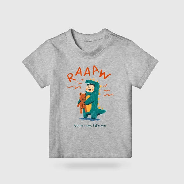 Grey RAAAW Come Now, Little One kids T-shirt with playful dinosaur costume artwork