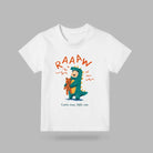 White RAAAW Come Now, Little One kids T-shirt with child in dinosaur costume holding a teddy bear